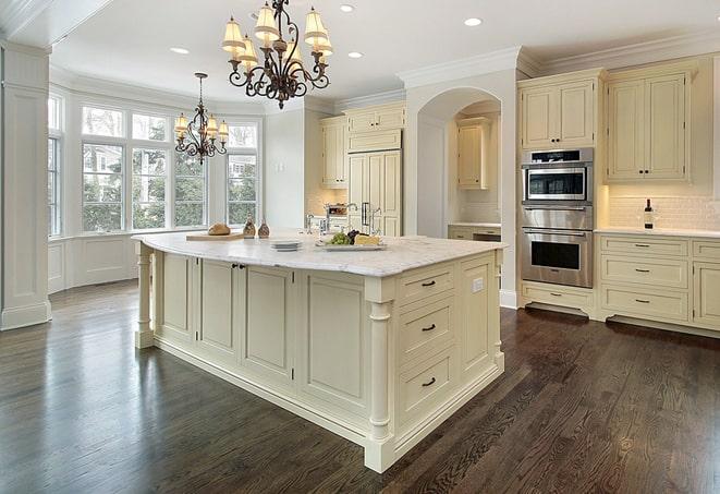 stylish bedroom with grey laminate flooring in Bellevue